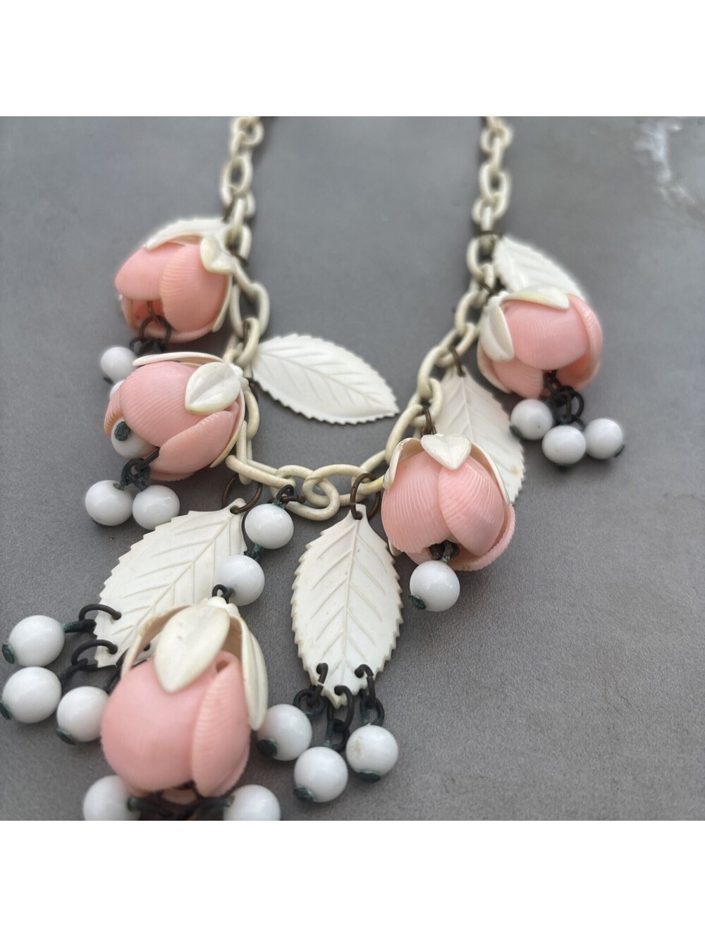 Antique metal celluloid plastic leaf flower floral vintage estate charm bracelet